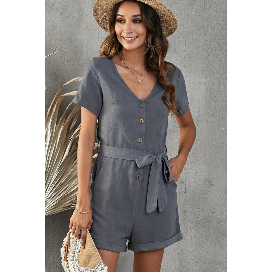 Womens Gray V Neck Short Sleeve Buttons Belted Romper with Pockets Image 9