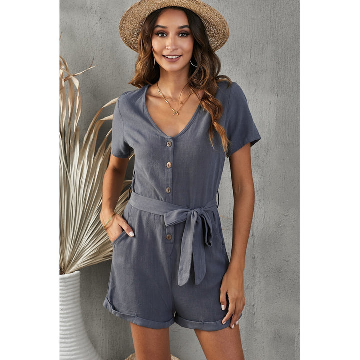 Womens Gray V Neck Short Sleeve Buttons Belted Romper with Pockets Image 10
