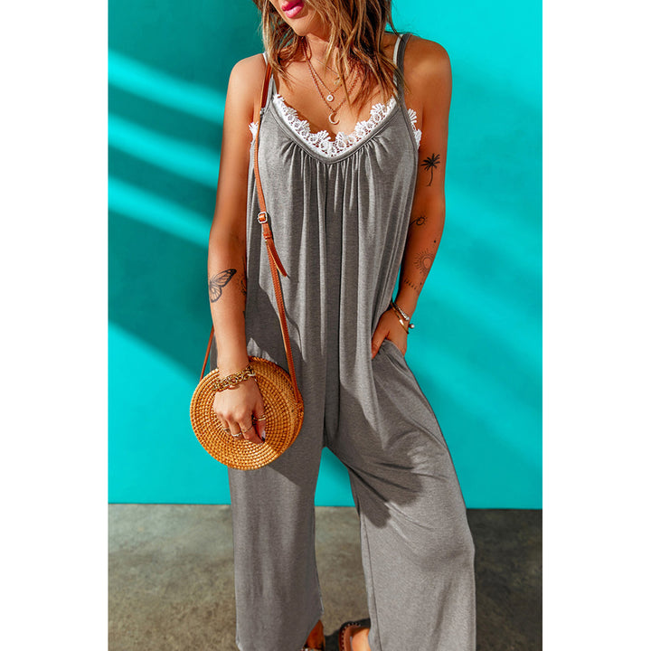 Womens Gray Spaghetti Straps Wide Leg Pocketed Jumpsuits Image 3