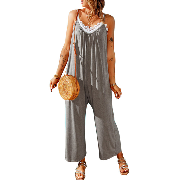Womens Gray Spaghetti Straps Wide Leg Pocketed Jumpsuits Image 12