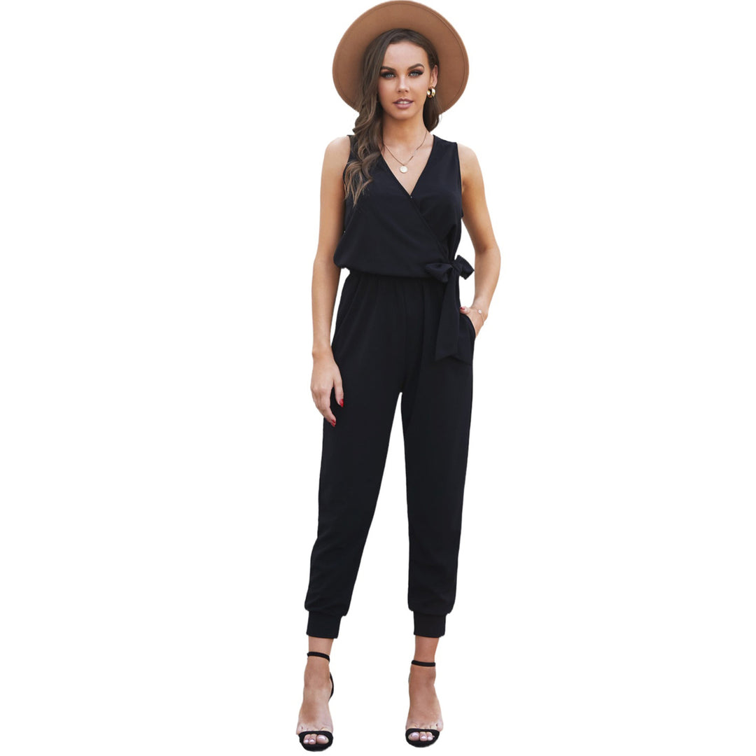 Womens Black Deep V-neck Sleeveless Solid Jumpsuit Image 6