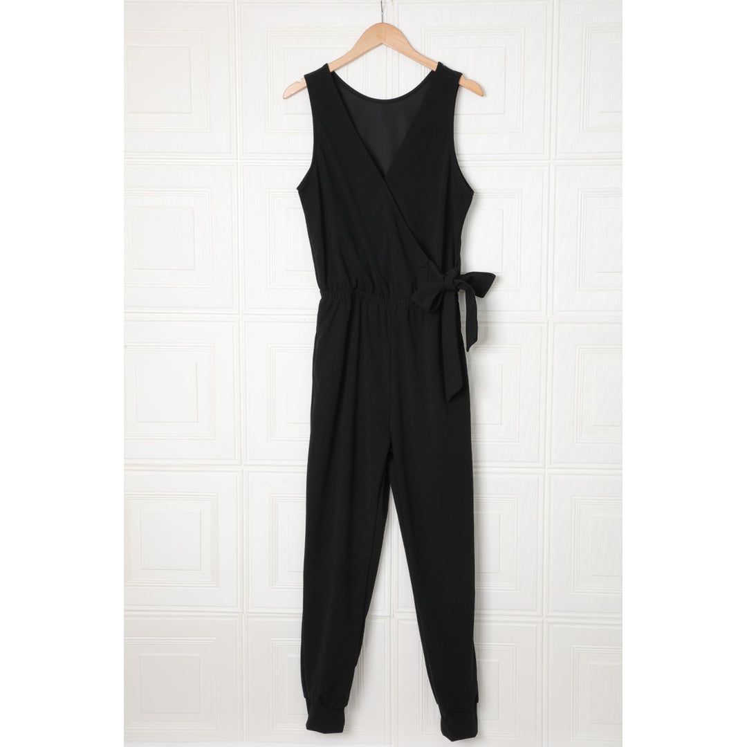 Womens Black Deep V-neck Sleeveless Solid Jumpsuit Image 7