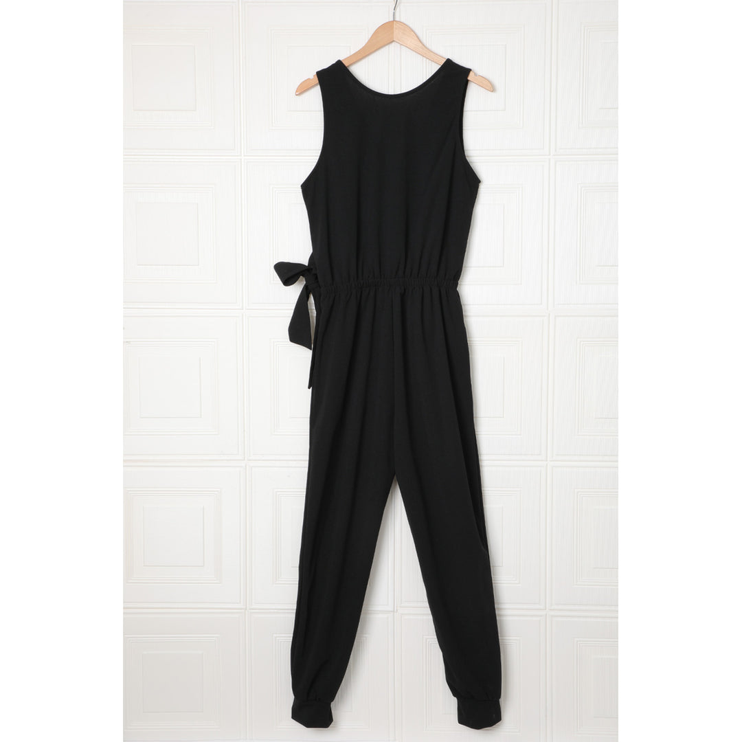 Womens Black Deep V-neck Sleeveless Solid Jumpsuit Image 8