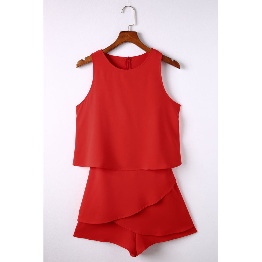 Womens Red O Neck Ruffle Romper Image 7