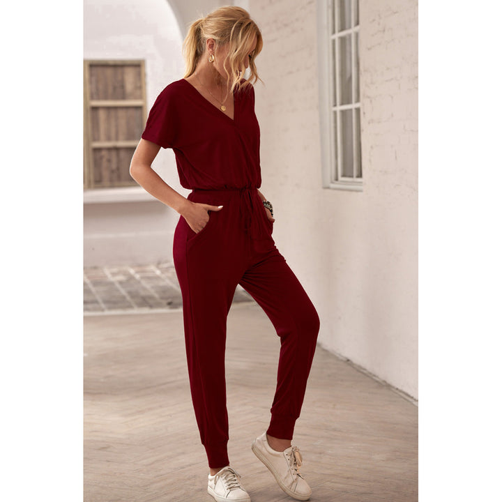 Womens Wine Red V Neck Wrap Front Jumpsuits Image 3