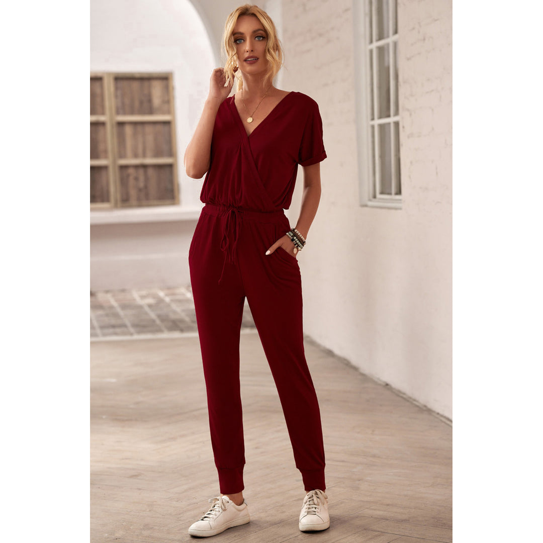 Womens Wine Red V Neck Wrap Front Jumpsuits Image 4