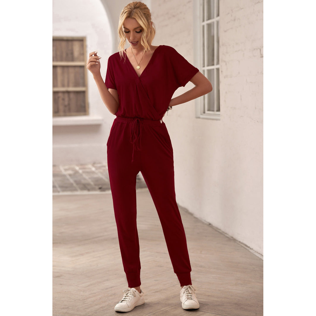 Womens Wine Red V Neck Wrap Front Jumpsuits Image 6