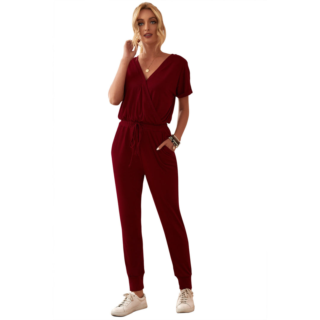 Womens Wine Red V Neck Wrap Front Jumpsuits Image 7