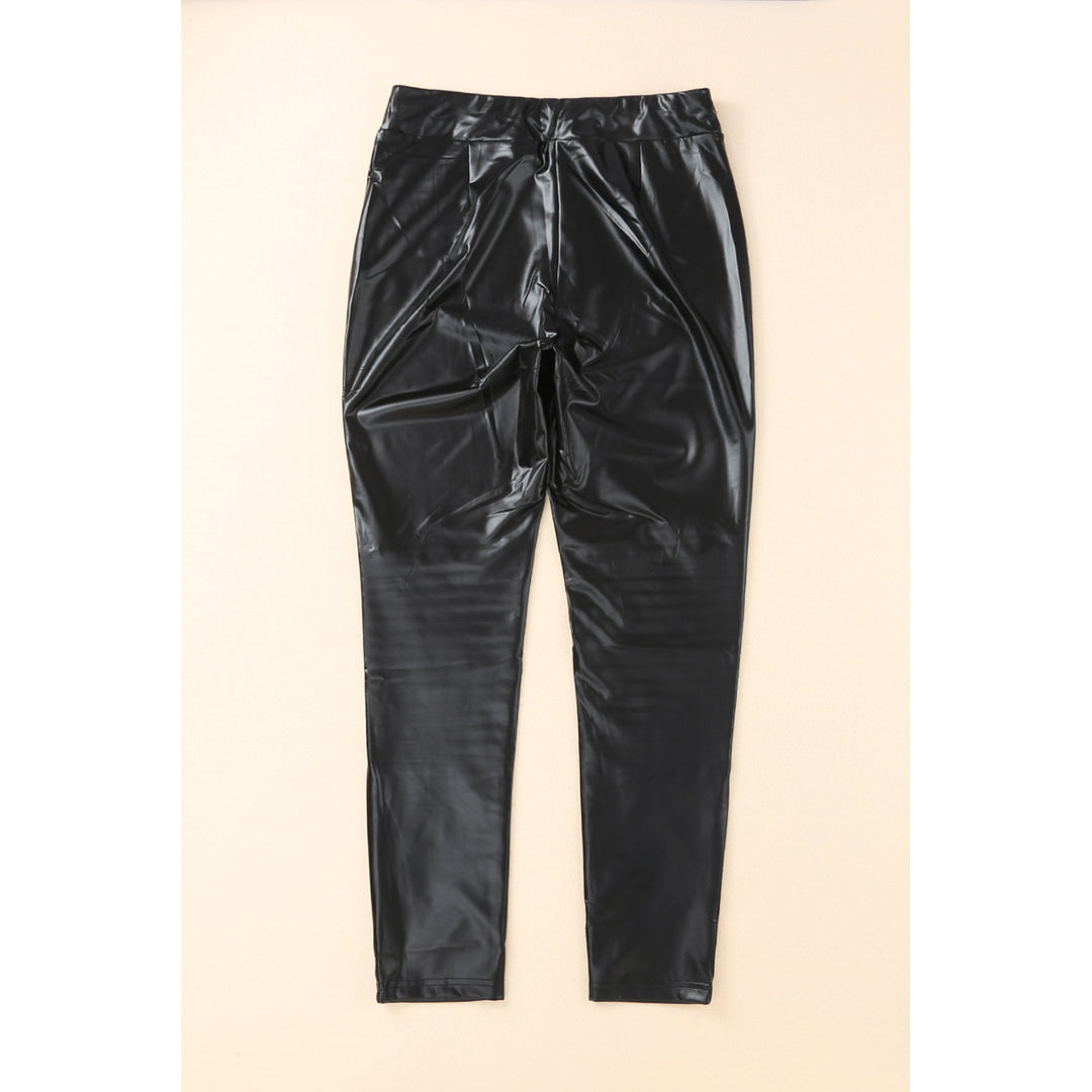 Women's PU Leather Zipper Ripped Ruched High Waist Leggings Image 2