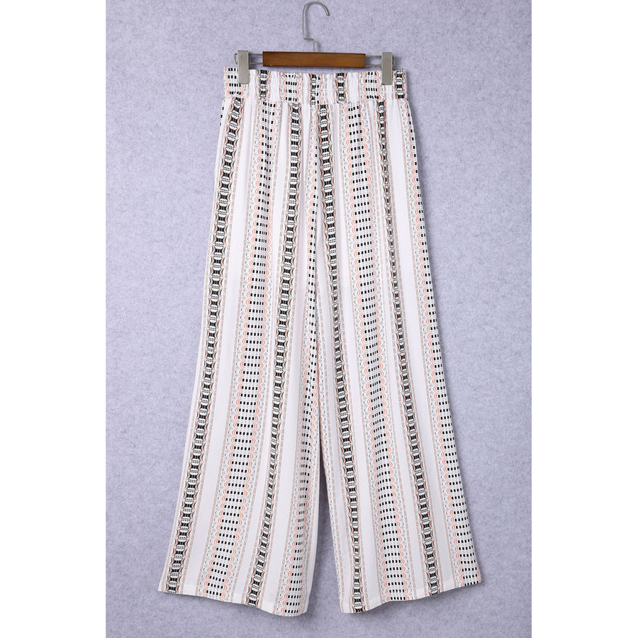 Womens Beige Geometric Pattern Print Shirred Wide Leg Pants Image 1