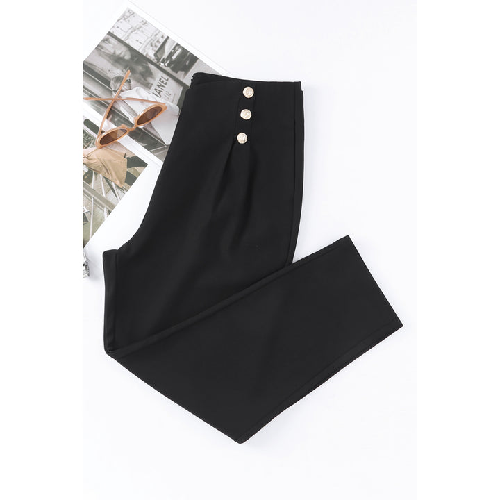 Womens Black Double Breasted Pleated Casual Cropped Pants Image 3