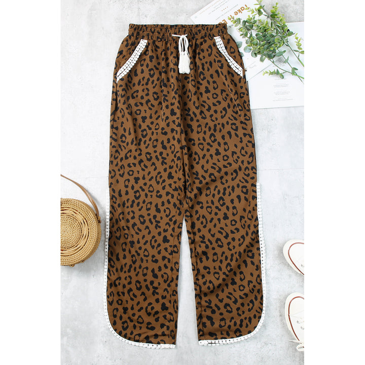 Women's Leopard Side Slit Drawstring Waist Casual Pants Image 1