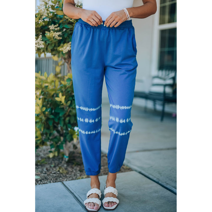 Women's Blue Tie Dyed Print Elastic High Waist Jogger Pants Image 3