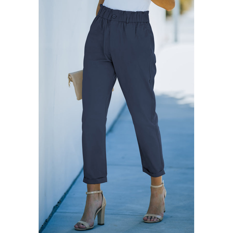 Womens Blue High Rise Paper Bag Waist Pocketed Casual Pants Image 1