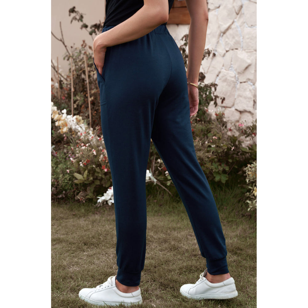 Womens Blue Solid Drawstring Elastic Waist Pants with Pocket Image 2