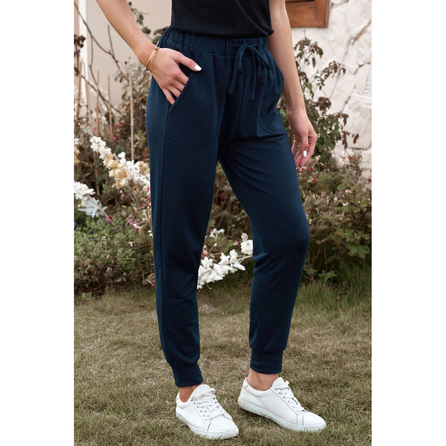 Womens Blue Solid Drawstring Elastic Waist Pants with Pocket Image 1