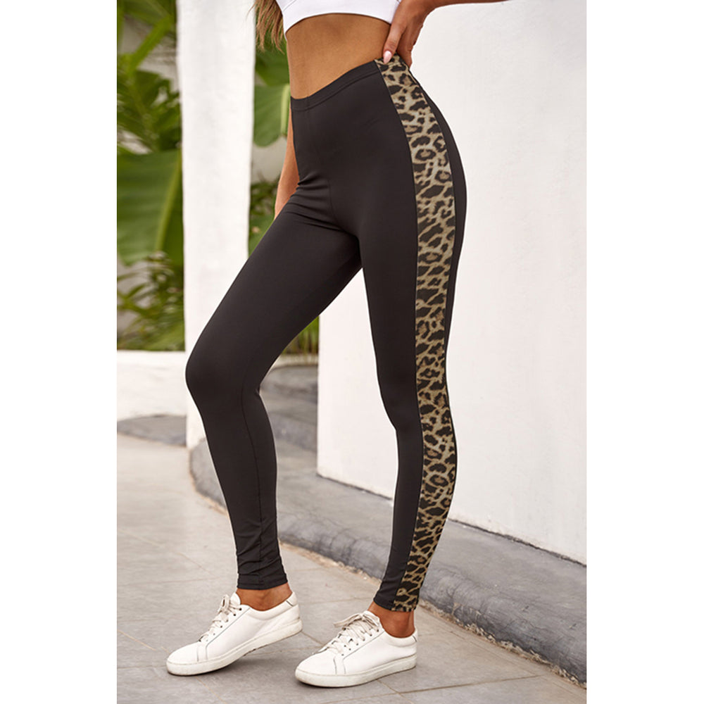Womens Black Leopard Splicing Mid Waist Stretchy Skinny Pants Image 2