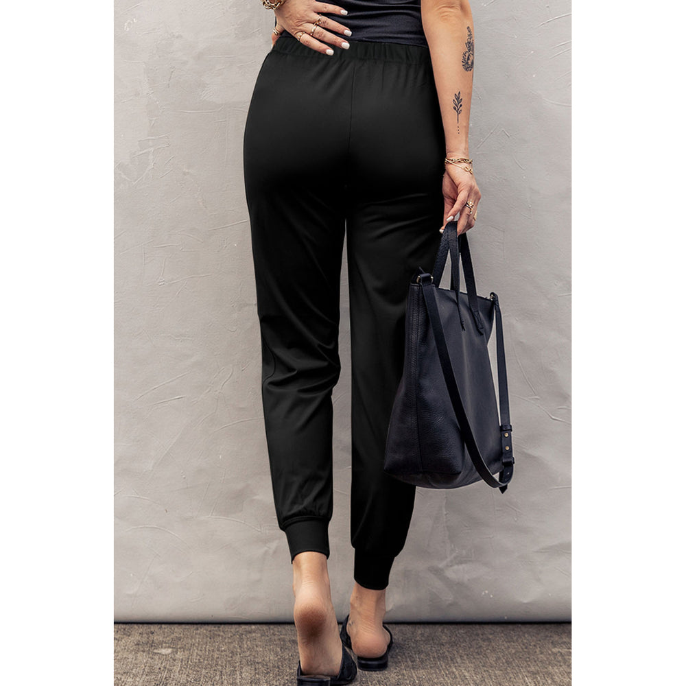 Womens Black Pocketed Drawstring Casual Pants Image 2