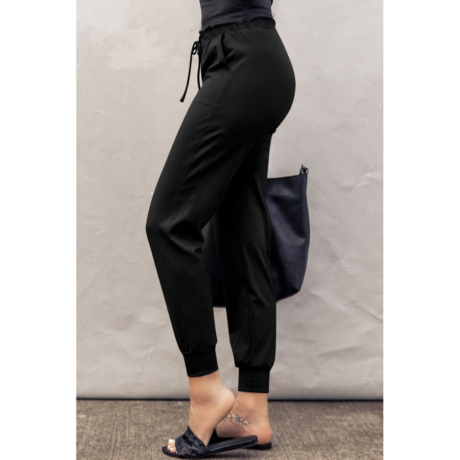 Womens Black Pocketed Drawstring Casual Pants Image 1