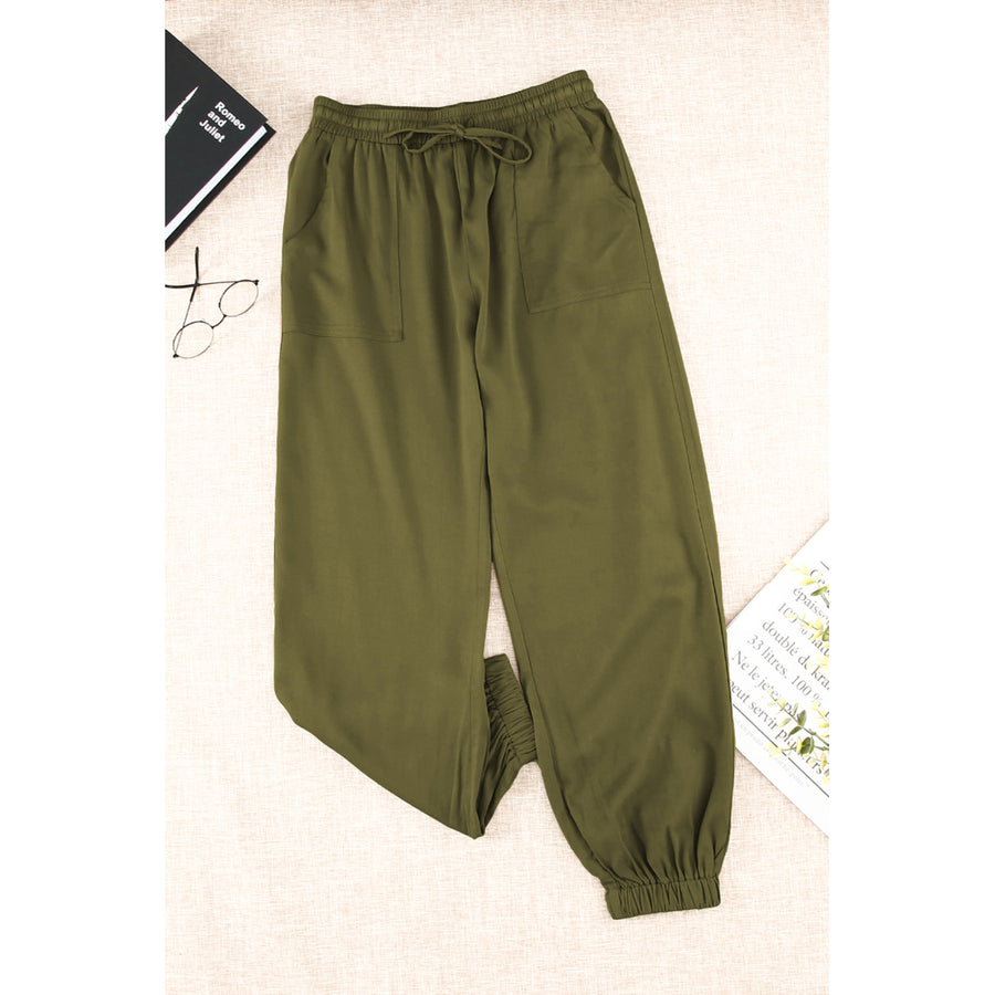Womens Green Drawstring Elastic Waist Pull-on Casual Pants with Pockets Image 1