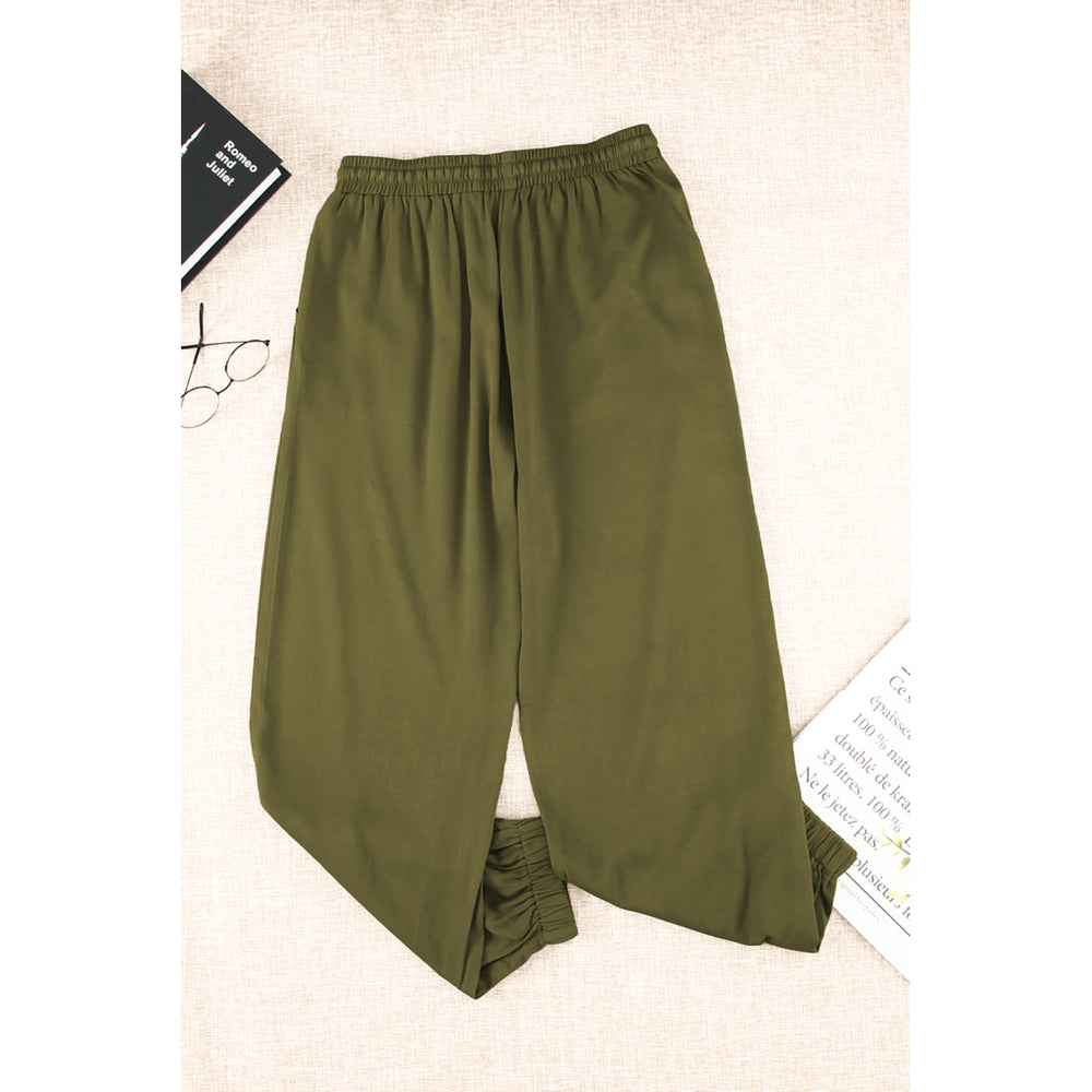 Womens Green Drawstring Elastic Waist Pull-on Casual Pants with Pockets Image 2