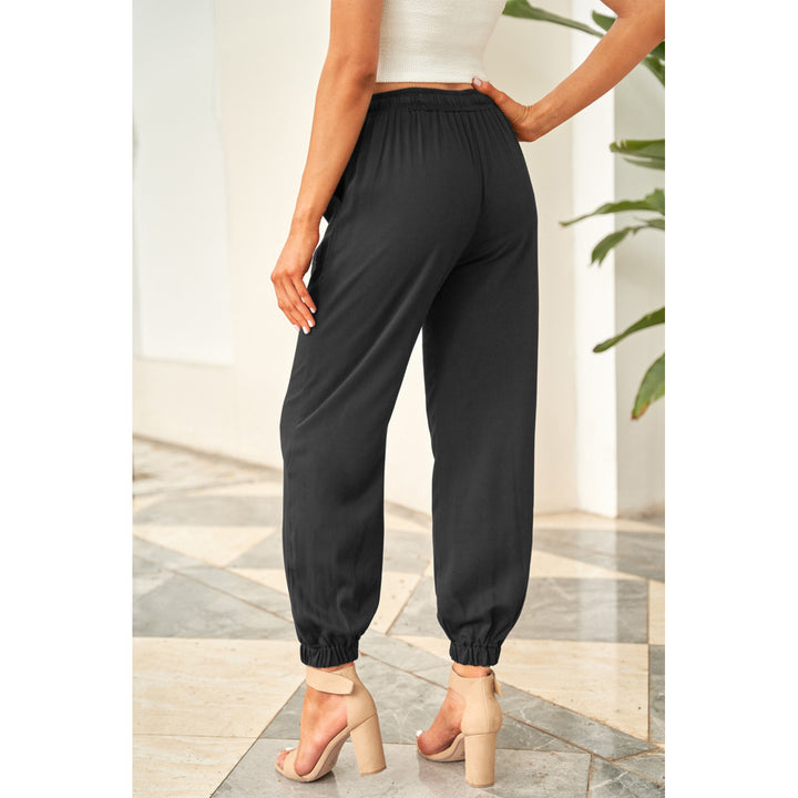Women's Black Drawstring Elastic Waist Pull-on Casual Pants with Pockets Image 2