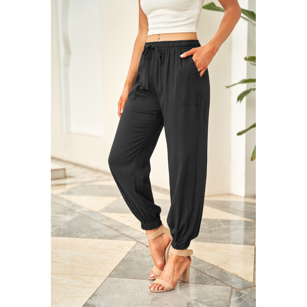 Women's Black Drawstring Elastic Waist Pull-on Casual Pants with Pockets Image 1