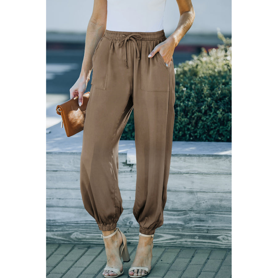 Womens Brown Drawstring Elastic Waist Pull-on Casual Pants with Pockets Image 1