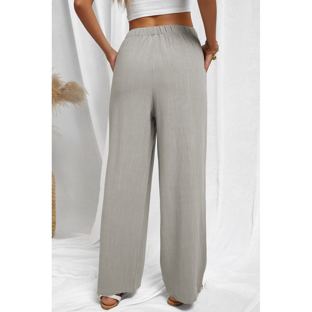 Womens Gray Drawstring Elastic Waist Pockets Long Straight Legs Pants Image 2
