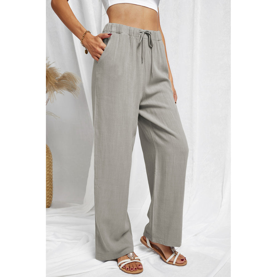 Womens Gray Drawstring Elastic Waist Pockets Long Straight Legs Pants Image 1