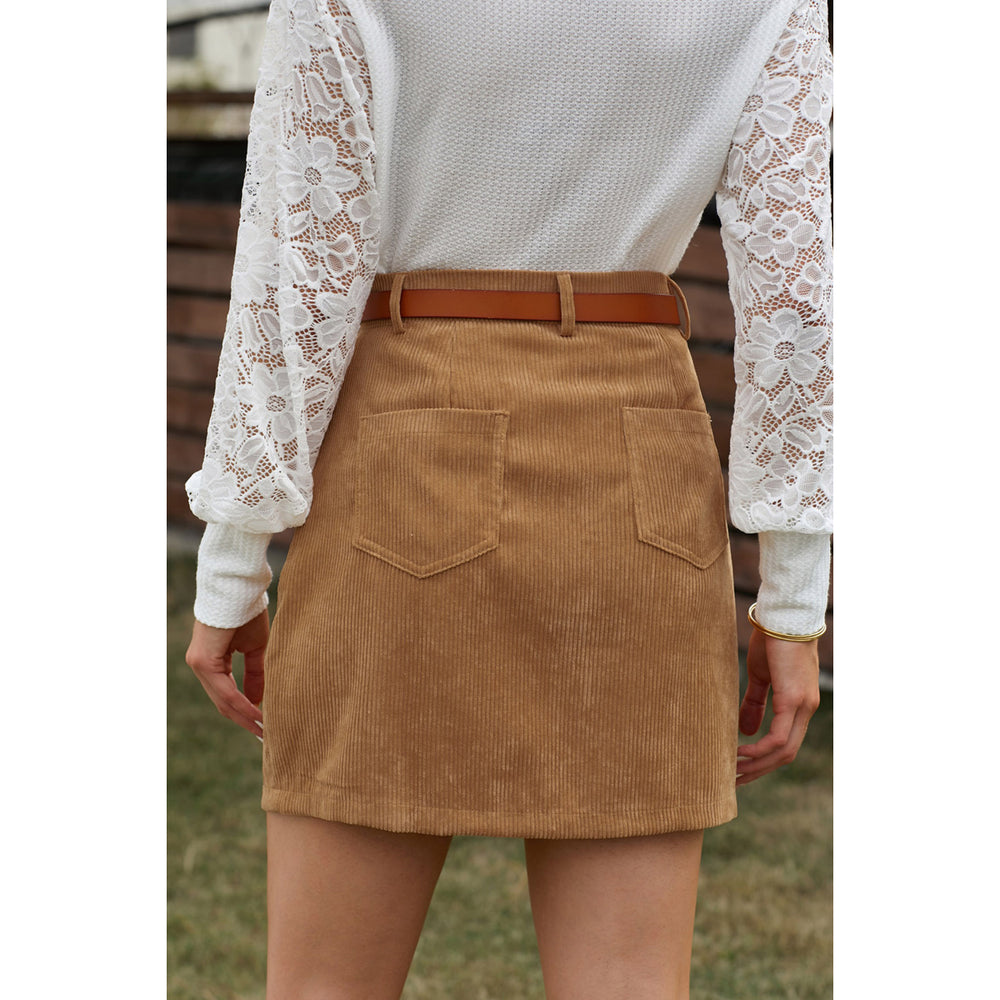 Womens Khaki High Waist Corduroy Mini Skirt with Pockets Image 2