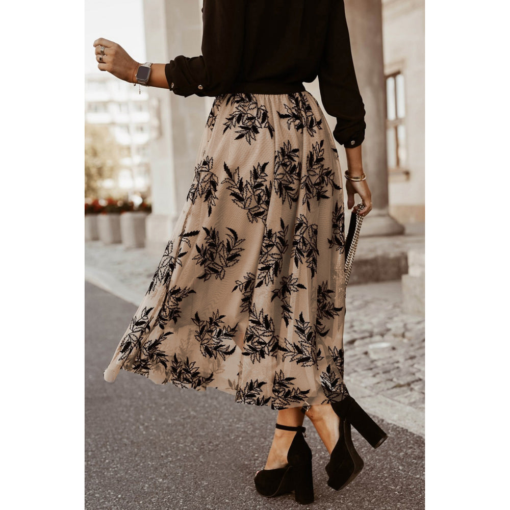 Womens Apricot Floral Leaves Embroidered High Waist Maxi Skirt Image 2