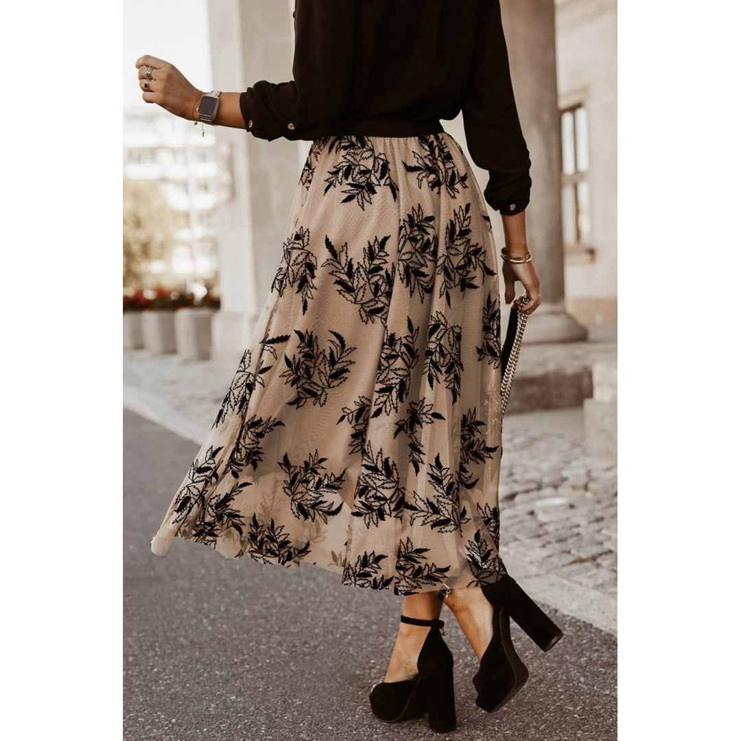 Womens Apricot Floral Leaves Embroidered High Waist Maxi Skirt Image 1
