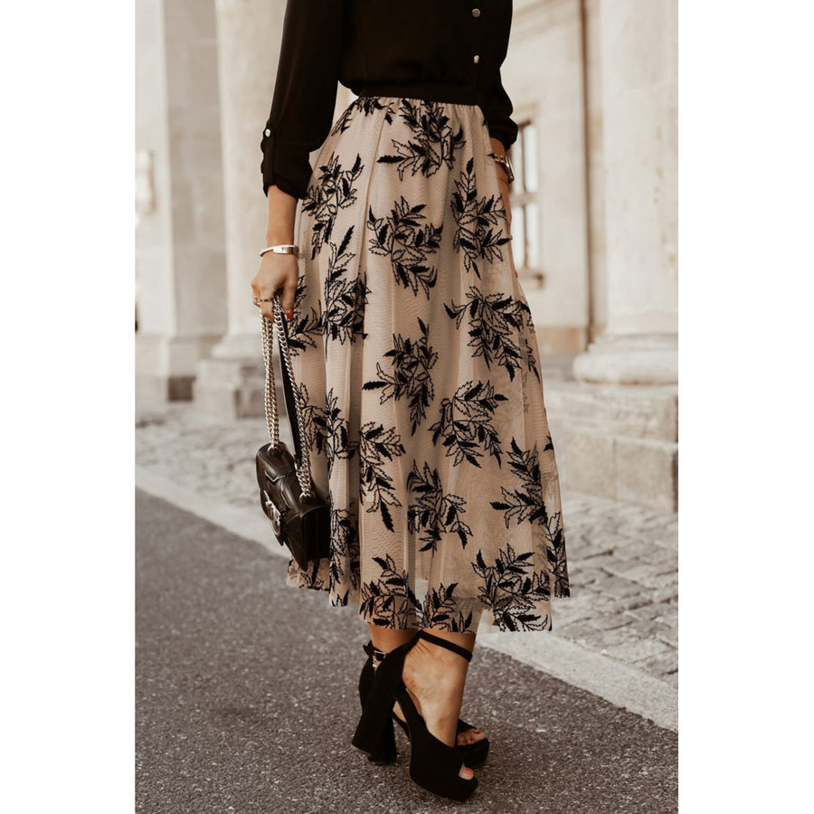 Womens Apricot Floral Leaves Embroidered High Waist Maxi Skirt Image 1