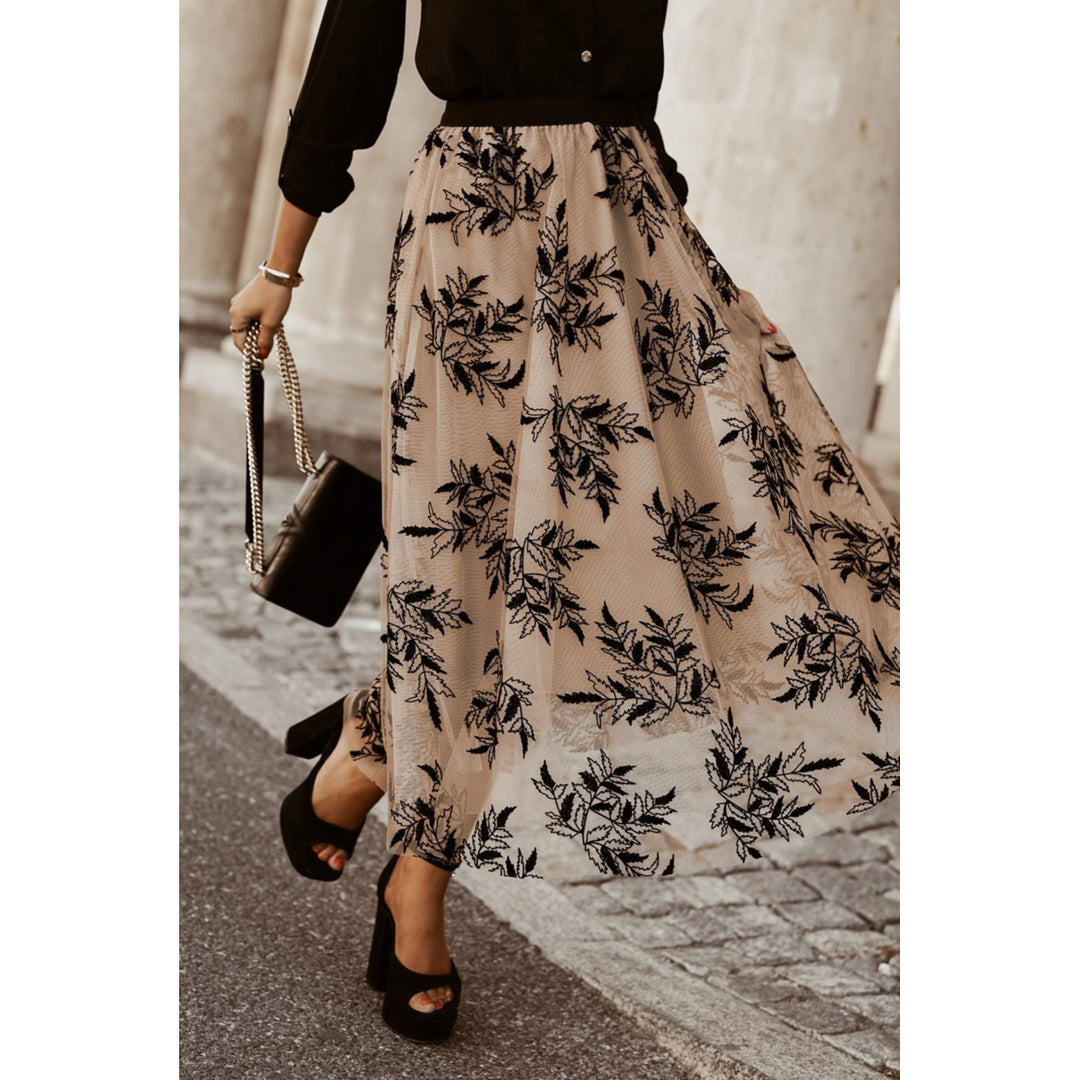 Womens Apricot Floral Leaves Embroidered High Waist Maxi Skirt Image 3