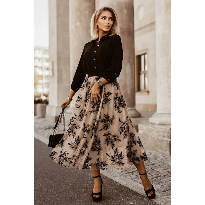 Womens Apricot Floral Leaves Embroidered High Waist Maxi Skirt Image 4