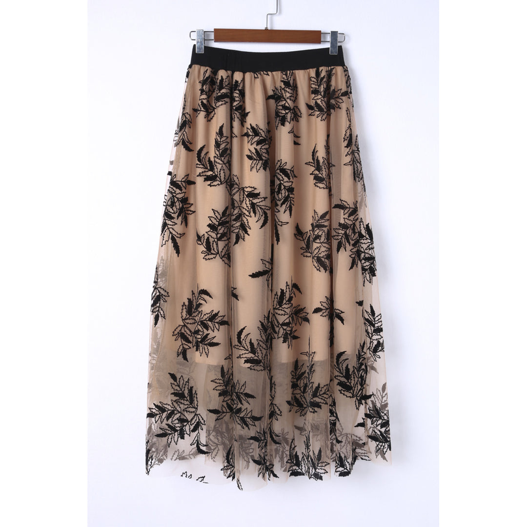 Womens Apricot Floral Leaves Embroidered High Waist Maxi Skirt Image 6