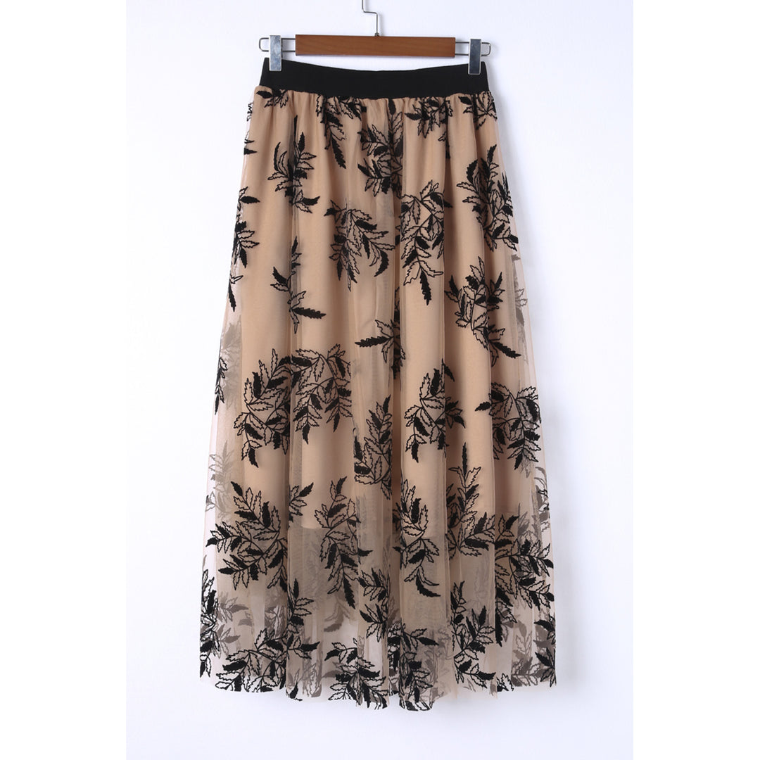Womens Apricot Floral Leaves Embroidered High Waist Maxi Skirt Image 7