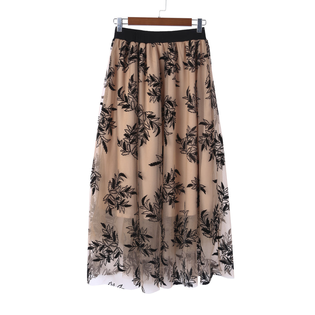 Womens Apricot Floral Leaves Embroidered High Waist Maxi Skirt Image 12