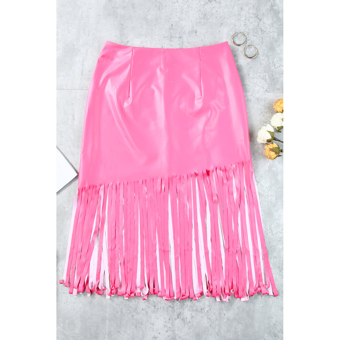 Womens Pink Fringe Hemline Midi Skirt without Belt Image 8