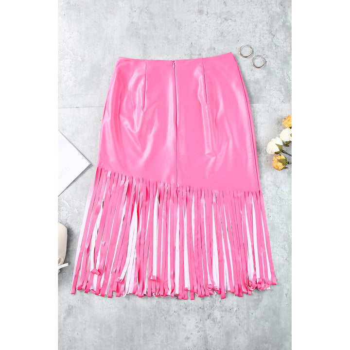 Womens Pink Fringe Hemline Midi Skirt without Belt Image 9
