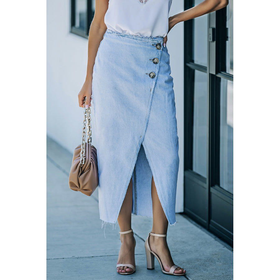 Women's Sky Blue Buttoned Wrap Maxi Denim Skirt Image 1