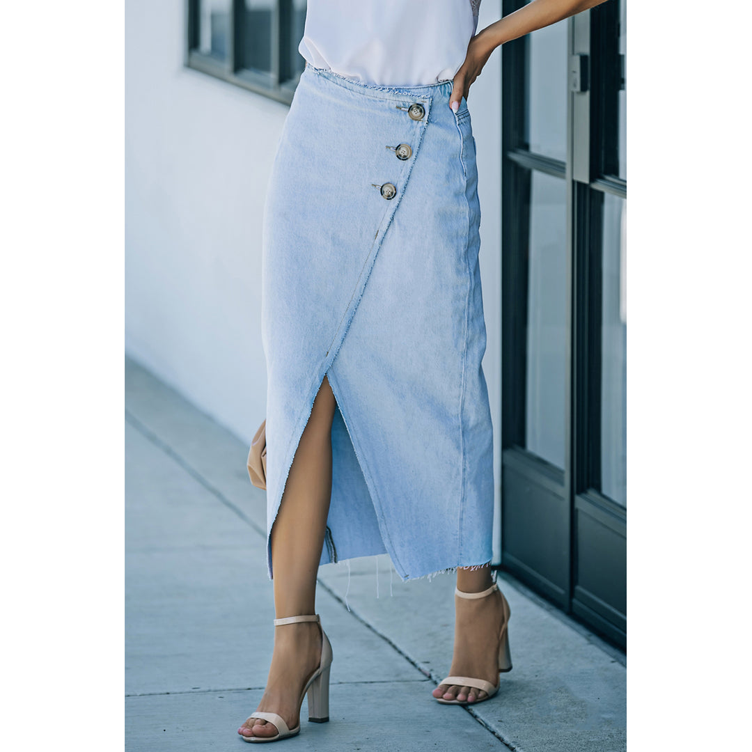 Womens Sky Blue Buttoned Wrap Maxi Denim Skirt Image 4
