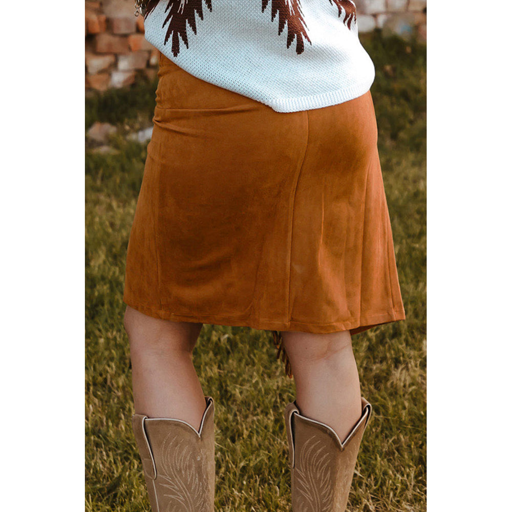 Womens Brown Fringed Wrap Western Midi Skirt Image 2