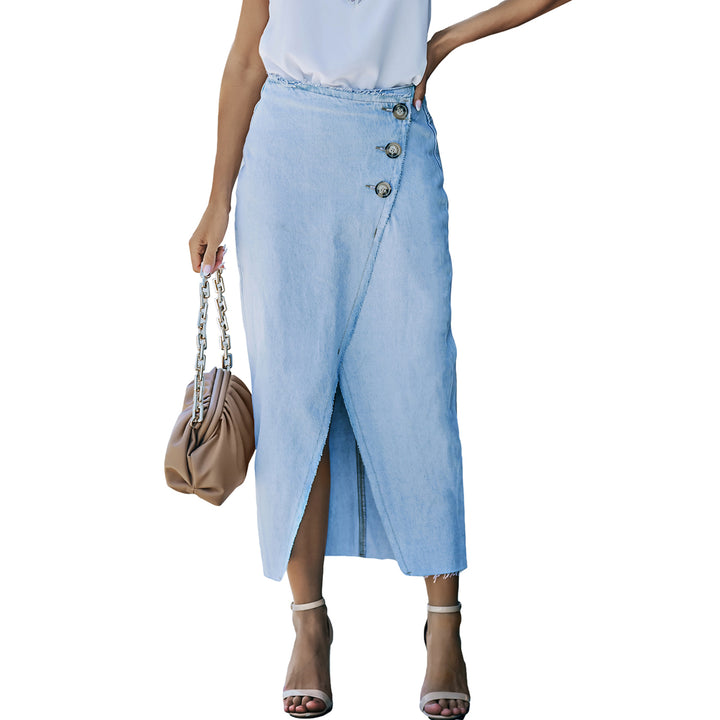 Womens Sky Blue Buttoned Wrap Maxi Denim Skirt Image 7