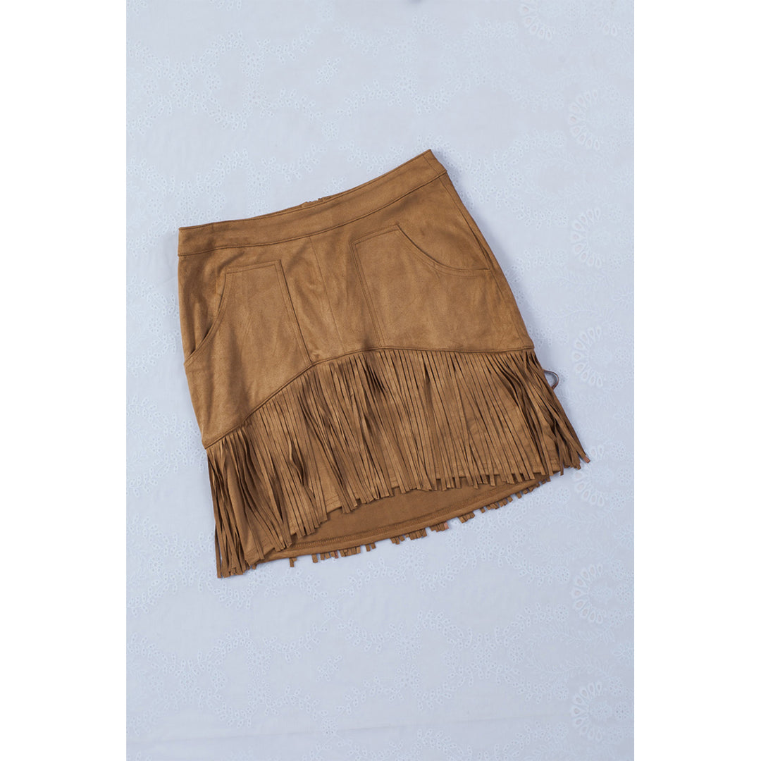 Womens Brown Tassel Zipped Pockets High Waist Mini Skirt Image 3