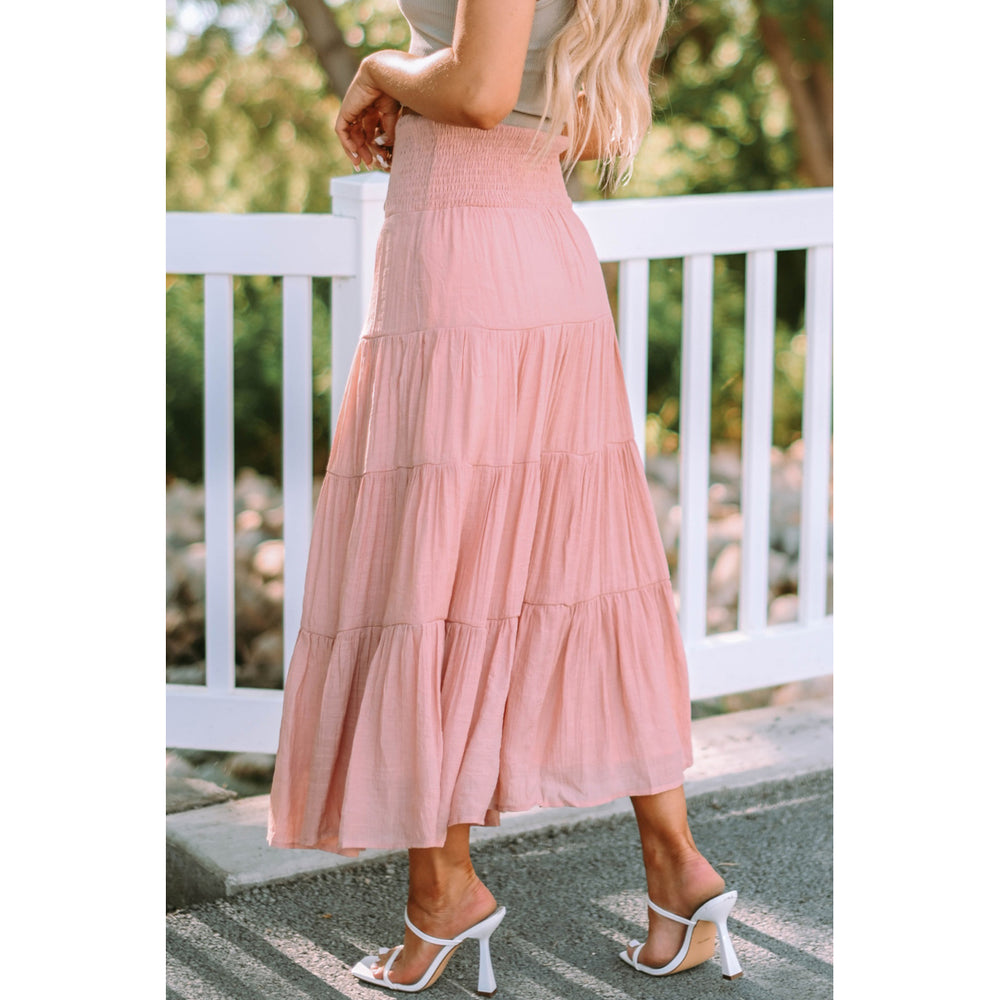Womens Pink Smocked High Waist Tiered Maxi Skirt Image 2