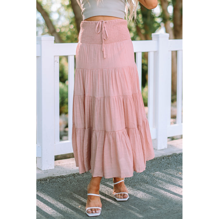 Womens Pink Smocked High Waist Tiered Maxi Skirt Image 3