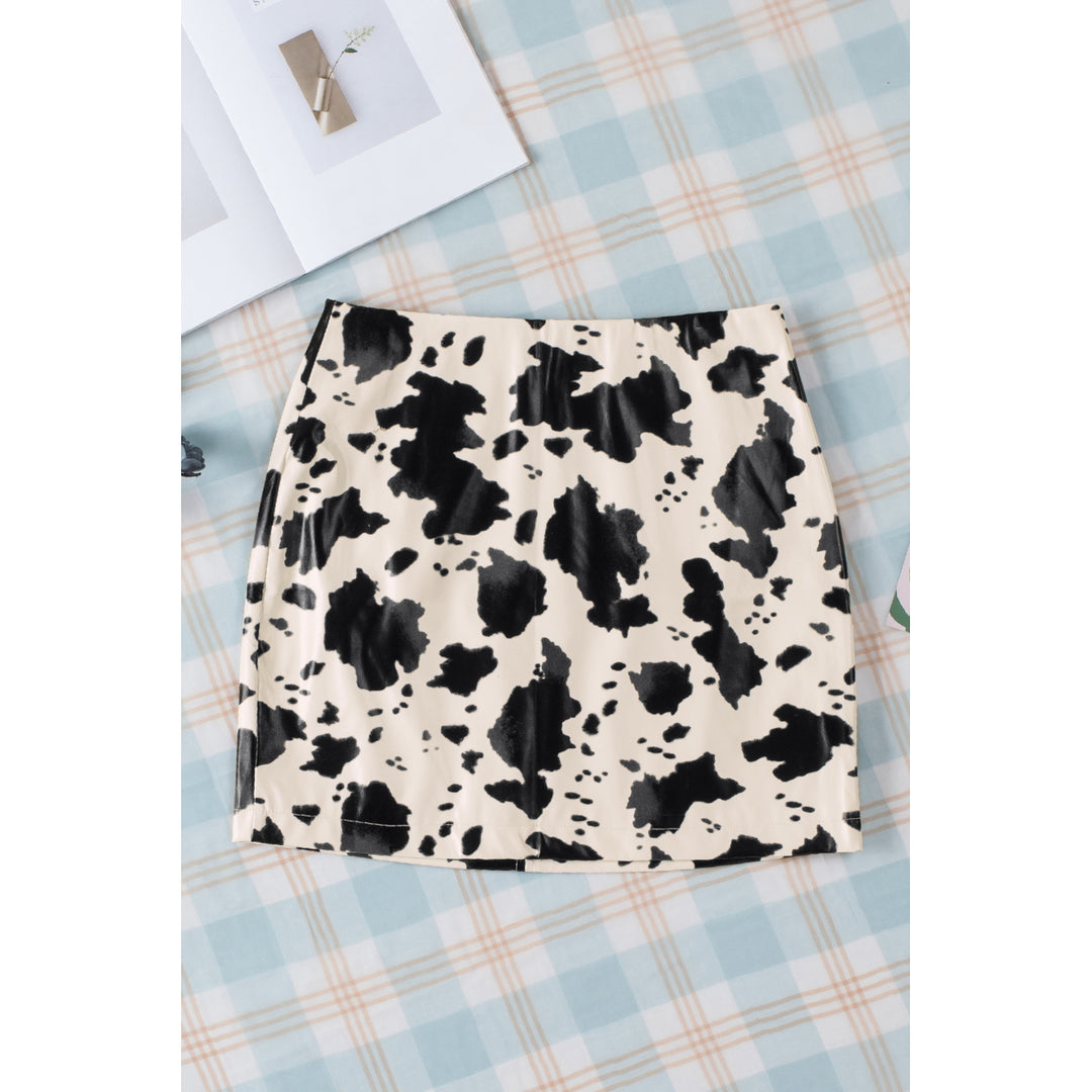 Womens White Cow Print Faux Leather Mini Skirt Image 8