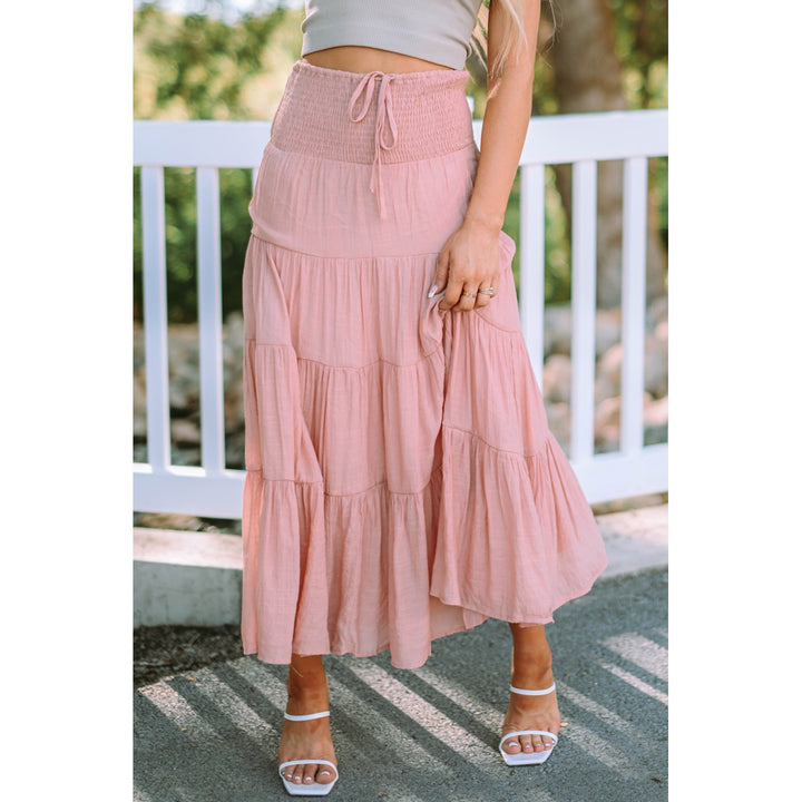 Womens Pink Smocked High Waist Tiered Maxi Skirt Image 4